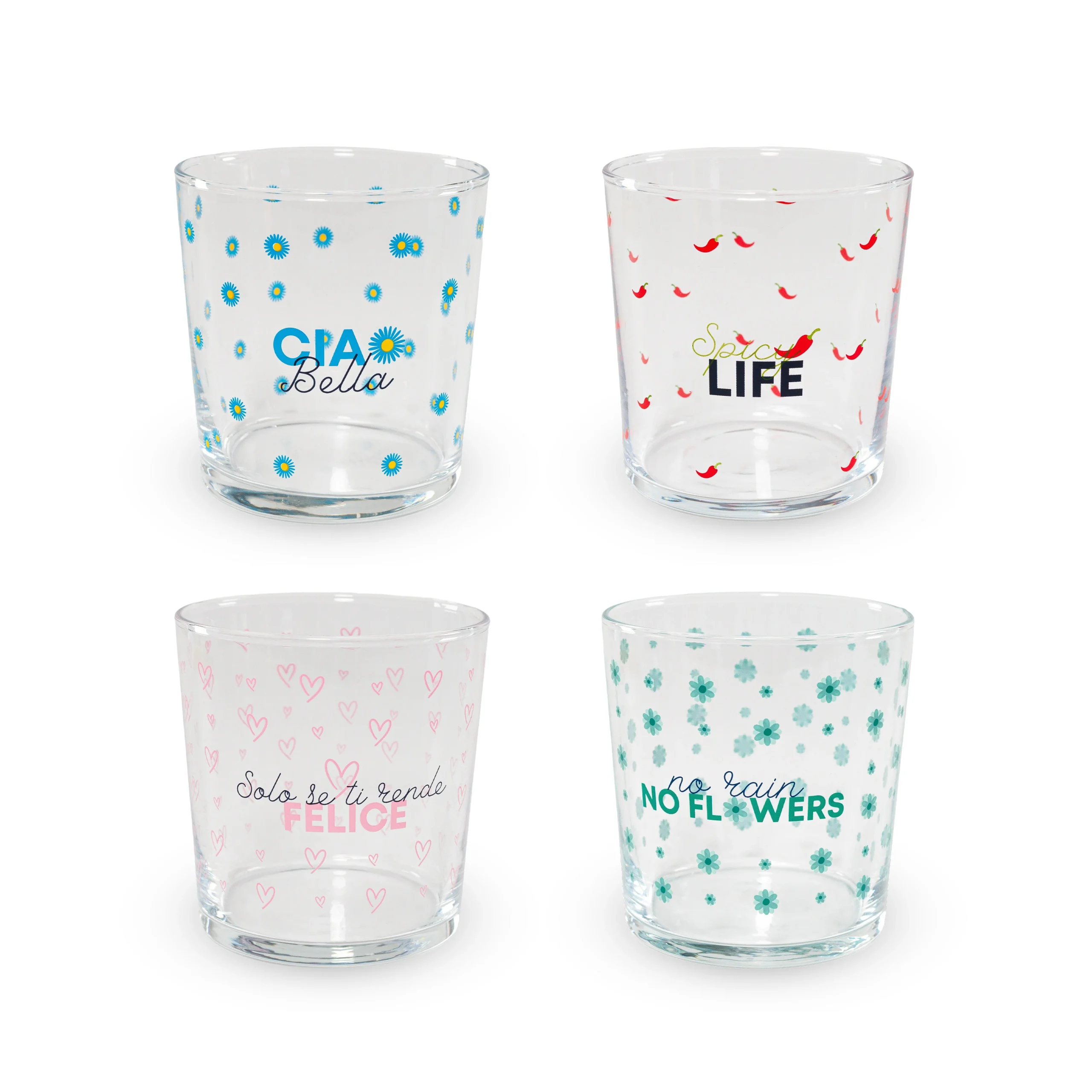 WD LifeStyle Set 4 Bicchieri in Vetro 300 Ml Decoro Scritte Colorate