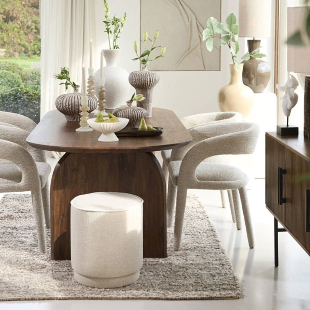 Pouf rotondo di colofonia in tessuto beige e crema