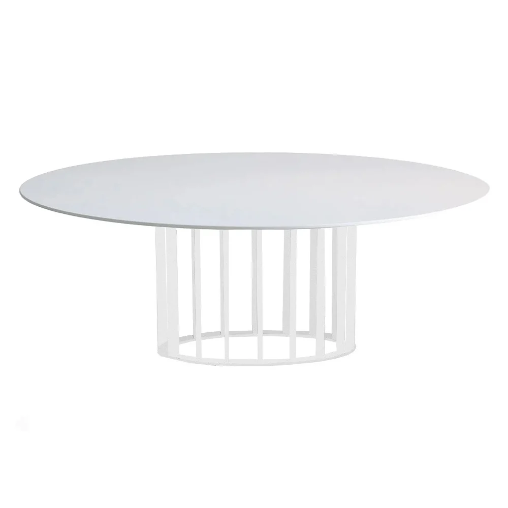 Tavolo da pranzo con base in metallo e piano in legno laminato o marmo