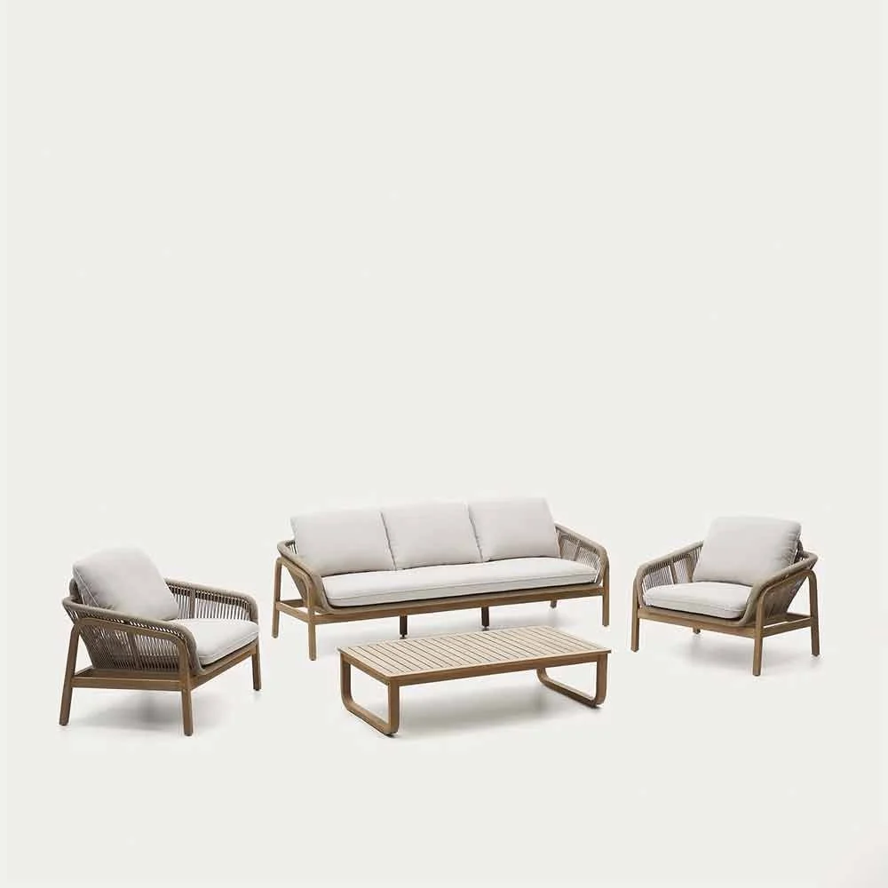 Set Vellana - divano a 3 posti, 2 poltrone e tavolino in corda beige FSC 100% acacia
