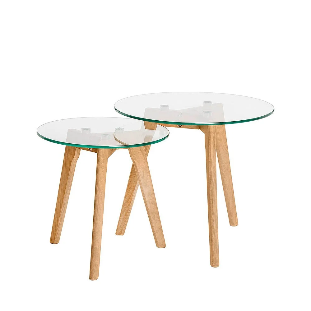 Somcasa set di 2 tavolini Abel di misure diverse con piano in vetro temperato da 8 mm e gambe in legno