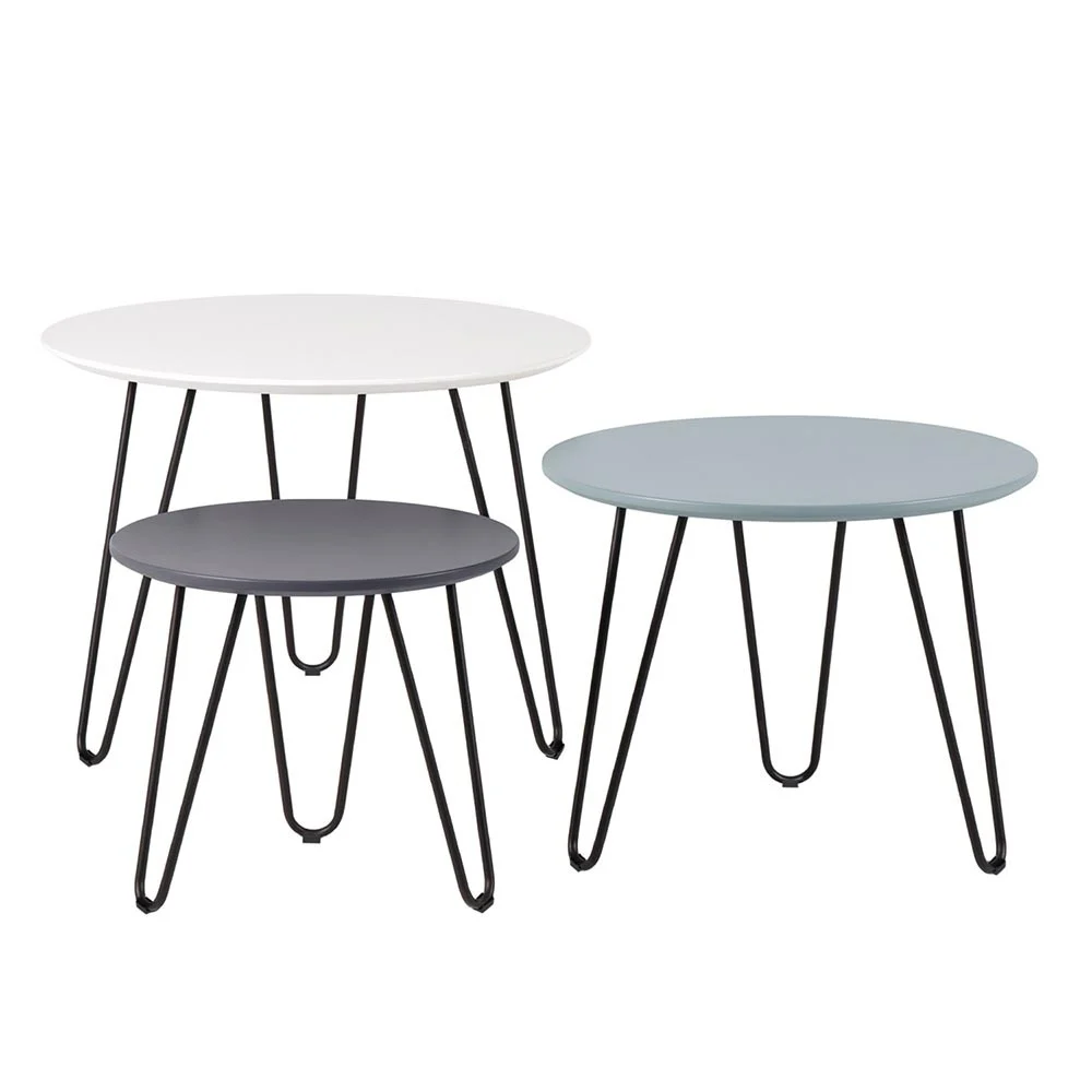 Somcasa set tavolini Fabio nei colori bianco, azzurro, grigio scuro con struttura in metallo