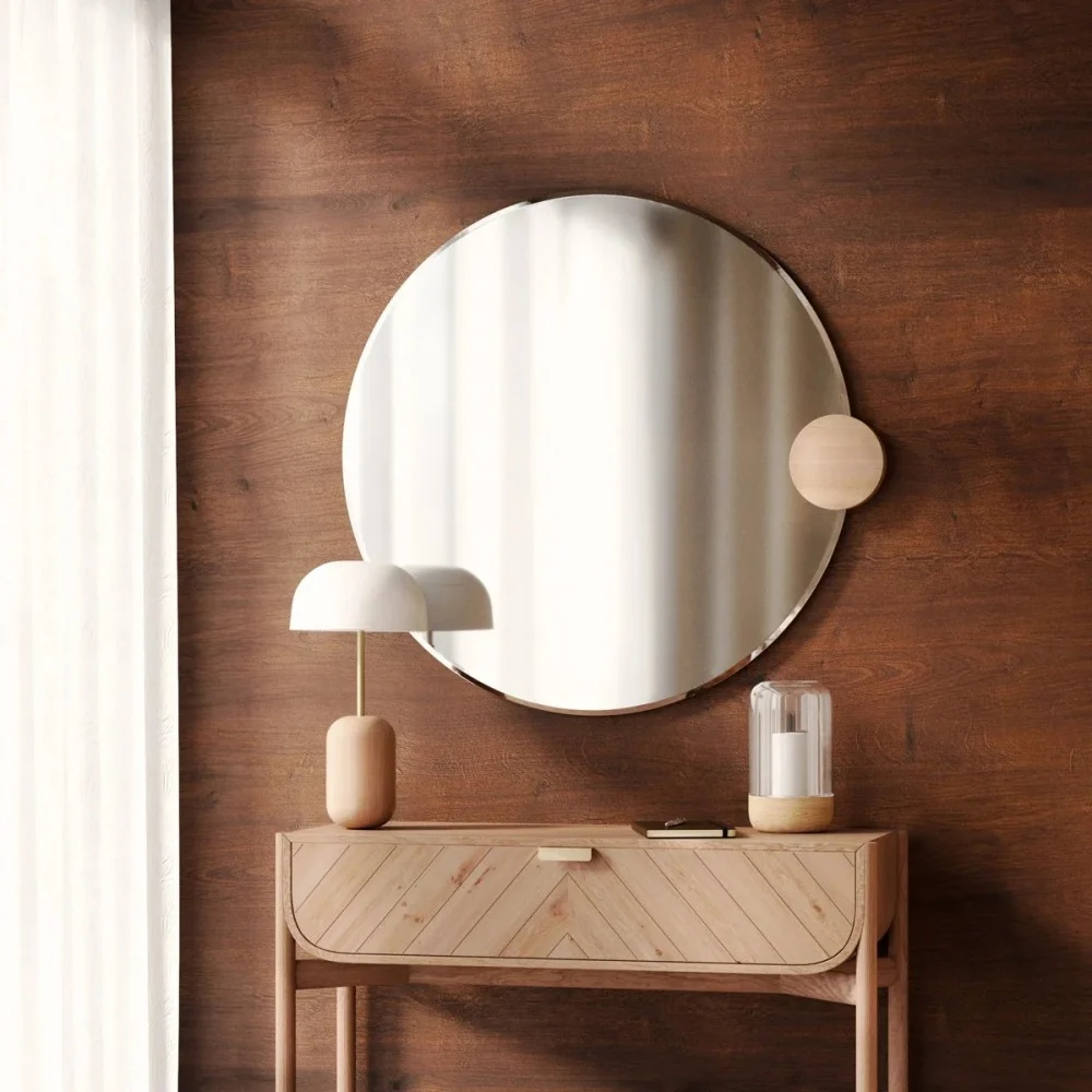 Specchio Sonia Rotondo 90 cm, vetro naturale, rovere