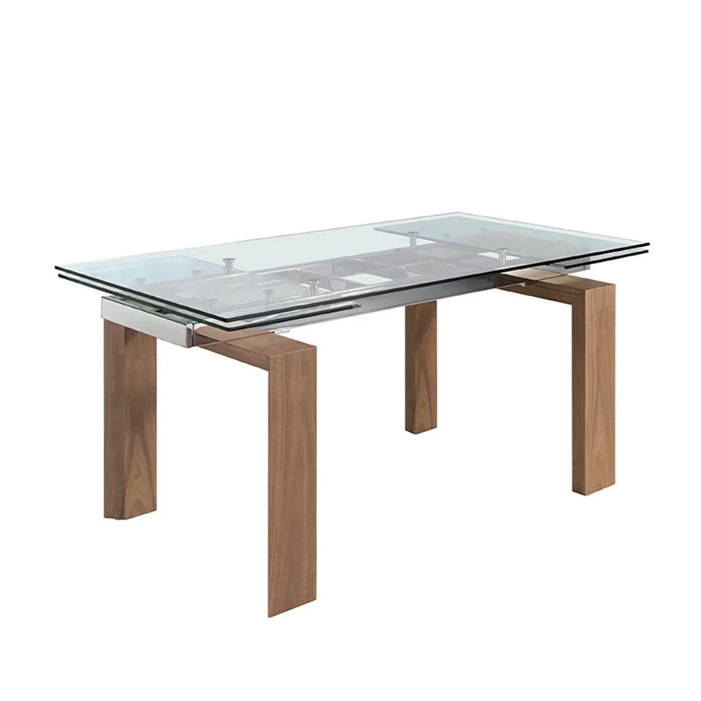 Tavolo da pranzo allungabile con piano in vetro temperato e gambe in legno impiallacciato noce. - 160/240 x 90 x 75