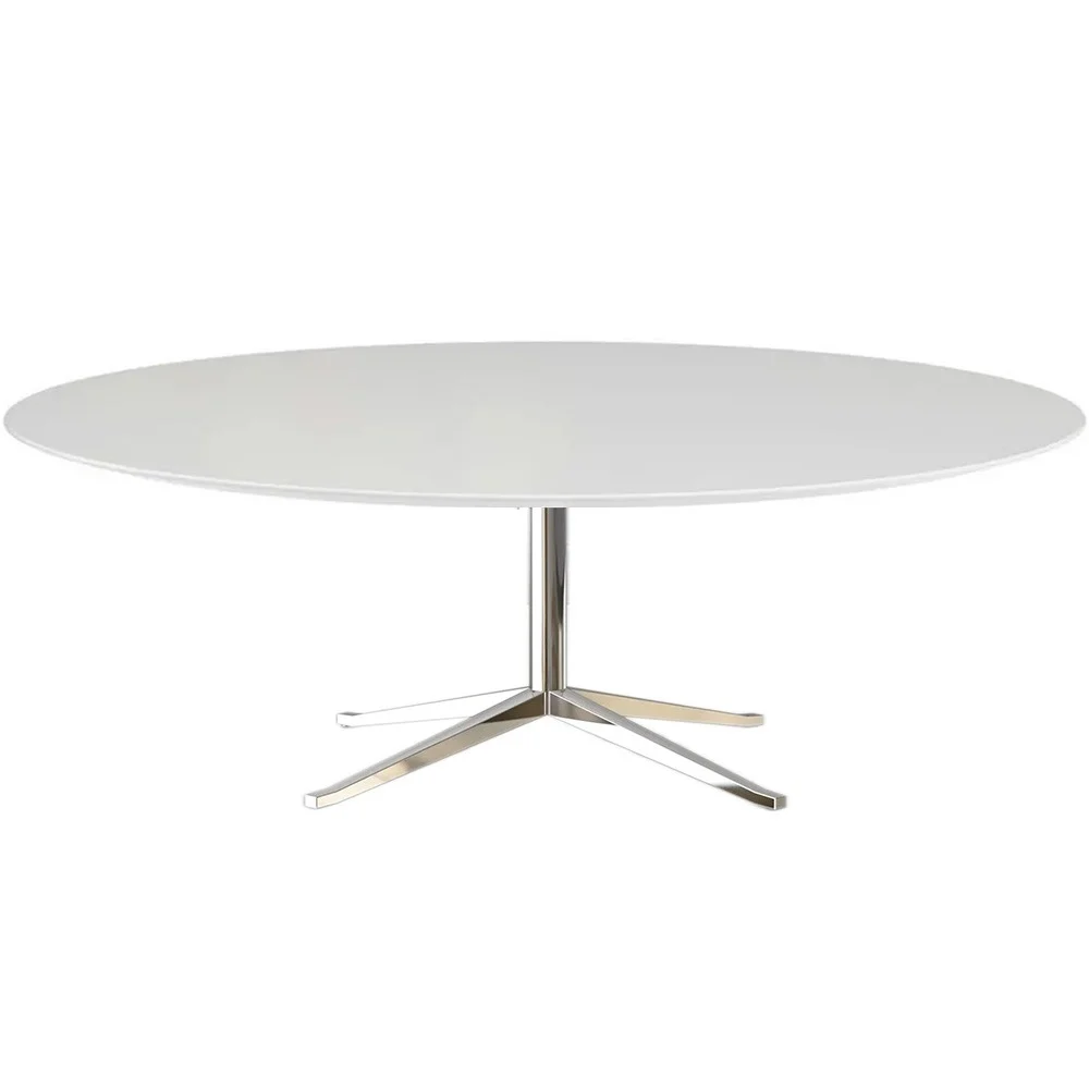 Tavolo Tulip ovale con base a 4 razze in acciaio piano disponibile in laminato liquido o marmo